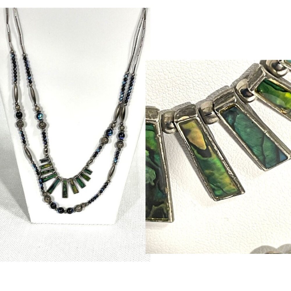 Silver, bead and abalone two stand necklace.